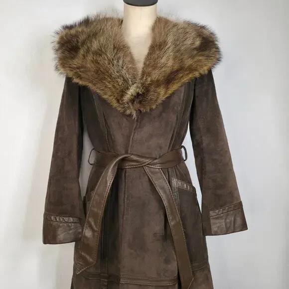 70s Real Fur Collar Suede Trench Coat Vintage Brown Long Boho Penny Lane Belt